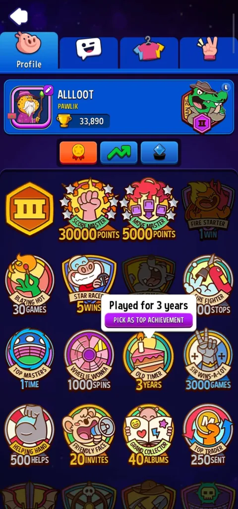 Selecting new achievement badge in Match Masters