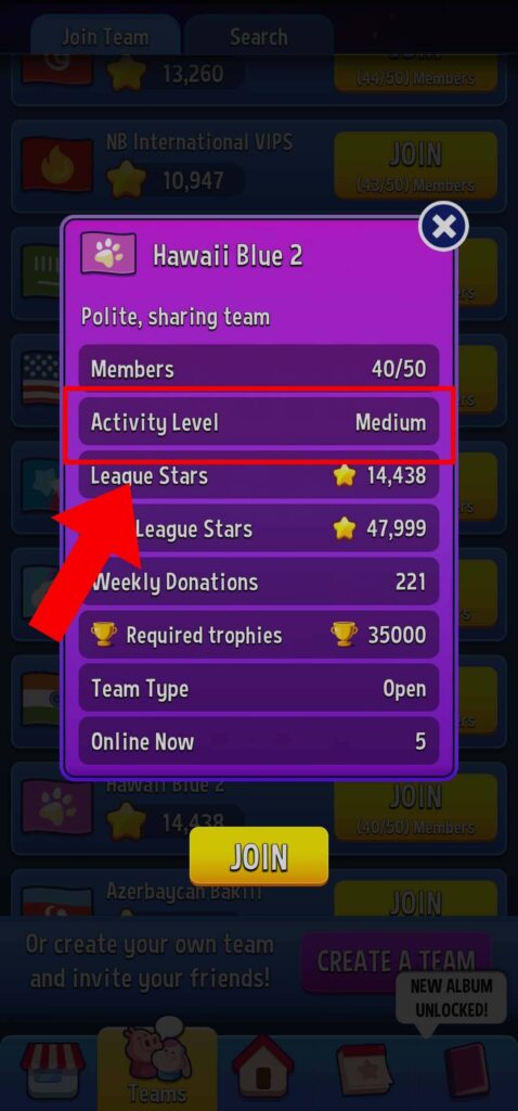 Checking team info and activity level before joining