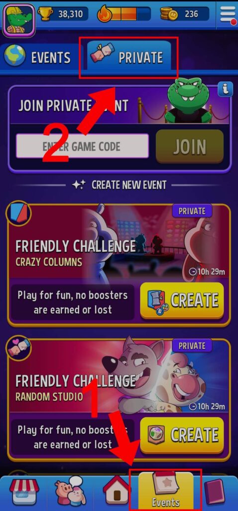 How to open the private section in Match Masters