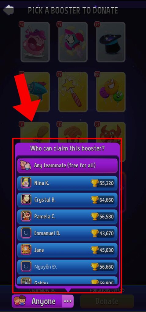 Select teammates to donate the booster