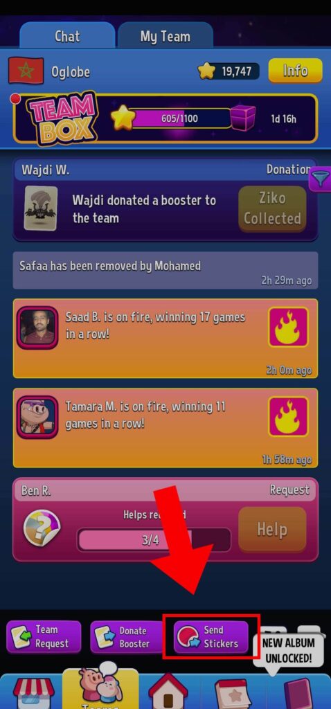 Send sticker button in the team page