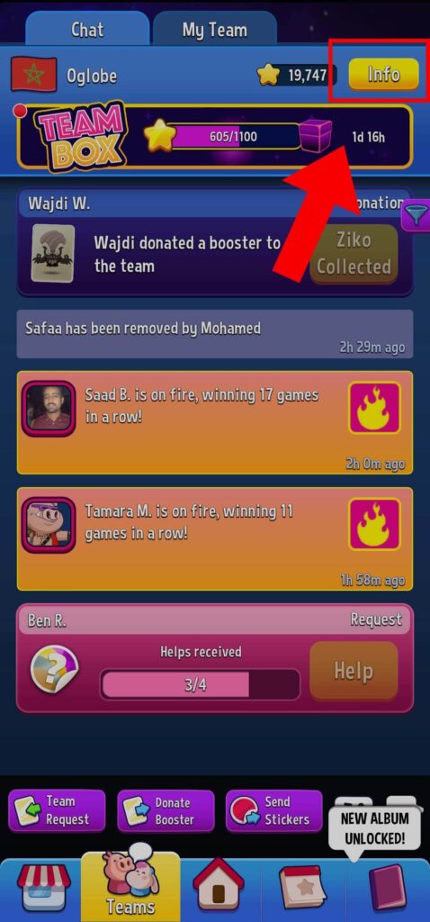 Tap team info button