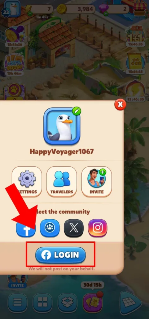 Travel Town Facebook login button