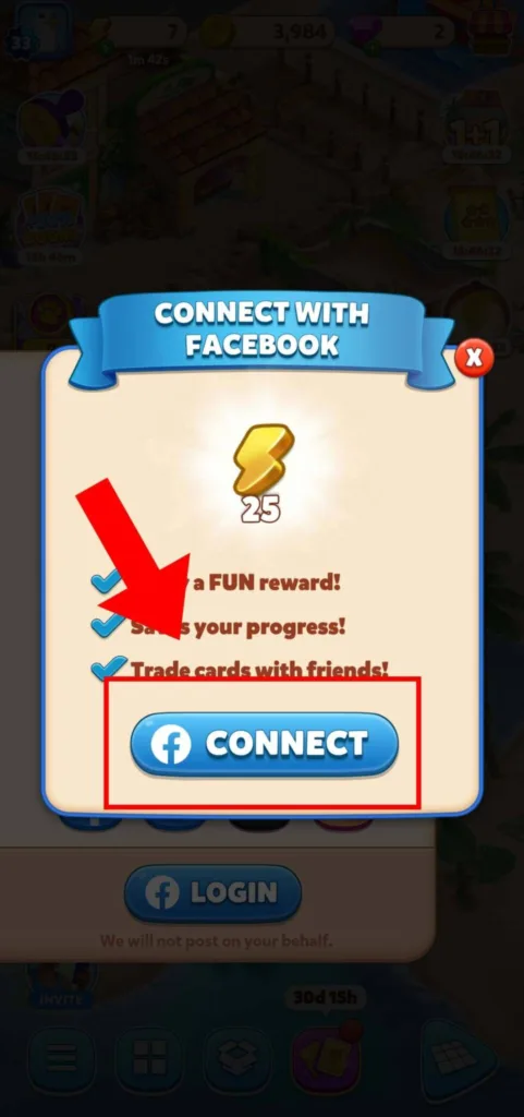 Travel Town connect to Facebook pop-up