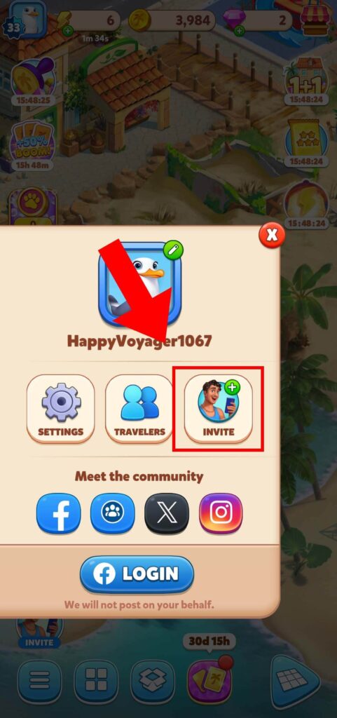 Invite button in Travel Town