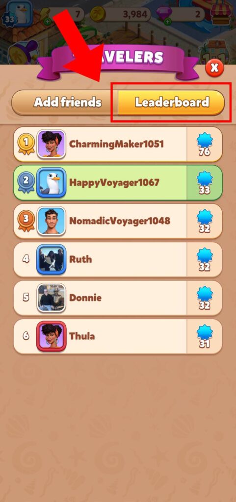 Leaderboard tab in Travel Town