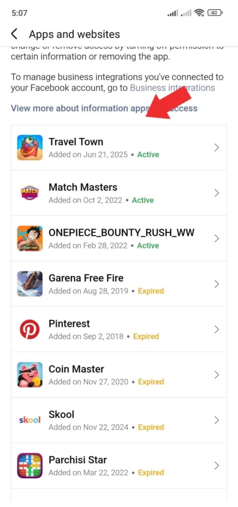 List of apps that connected to Facebook
