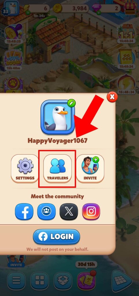 Travelers button in Travel Town