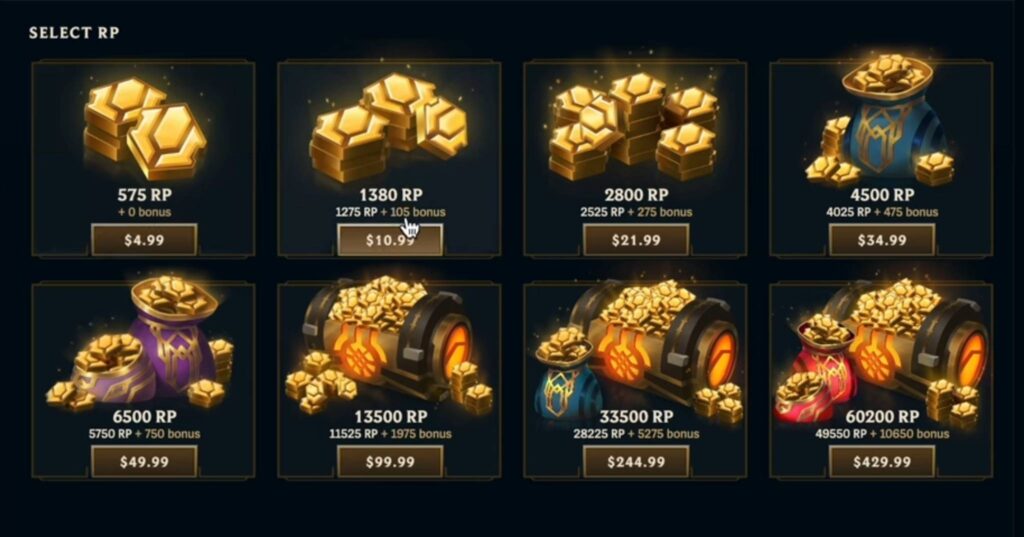 Riot Points bundle prices in League of Legends showing 8 RP packages and prices in USD.