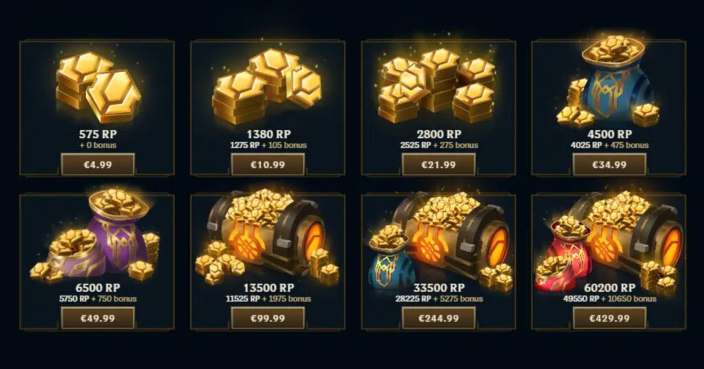 Riot Points bundle prices in League of Legends showing 8 RP packages and prices in Euro.