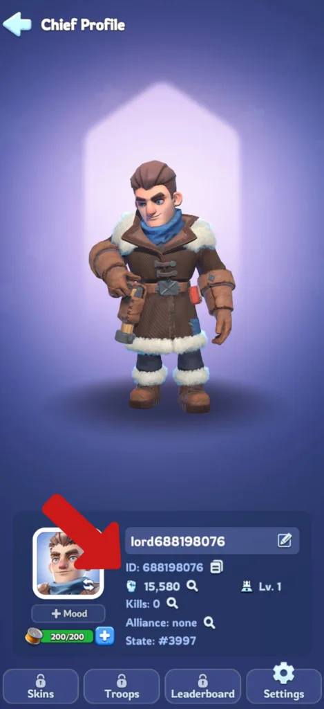 How to redeem whiteout survival gift codes in iOS step one: tap on the avatar and copy Player ID.