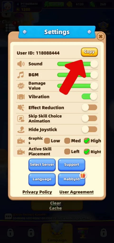 Redeem codes in Archero 2 step3: copy Player ID.