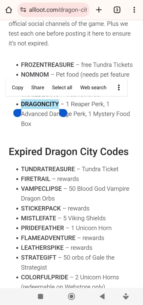 Redeem codes in Dragon City step1: Copy the code.