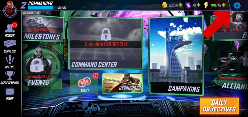 Redeem Marvel Strike Force codes on Android step two: open settings.
