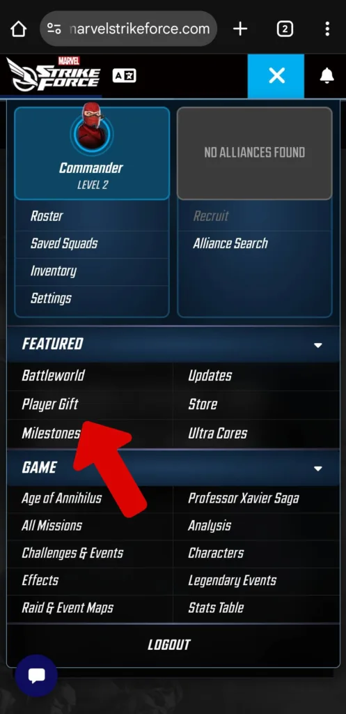 Redeem Marvel Strike Force codes on iOS step three: select Player Gift.