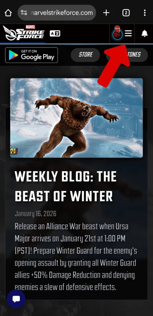 Redeem Marvel Strike Force codes on iOS step two: open the menu.