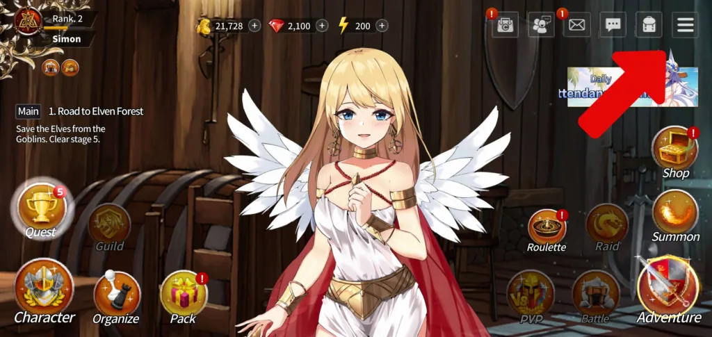 Redeem Sword Master Story codes step1: Tap the menu icon on the home screen.