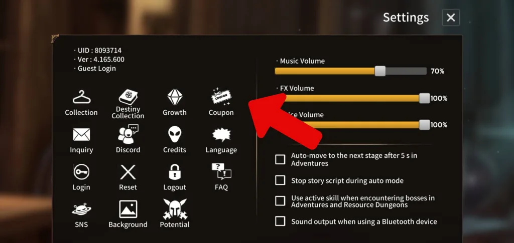 Redeem Sword Master Story codes step2: Tap Coupon on the settings screen.