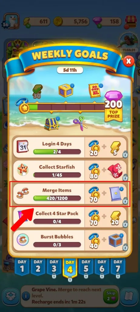 A weekly mission in Travel Town requires merging 1200 items