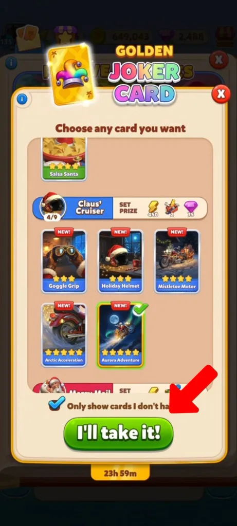 Selecting a missing card and using the Joker Card to get it