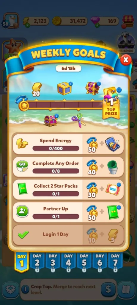 travel Town weekly goals offering a splitter as a reward