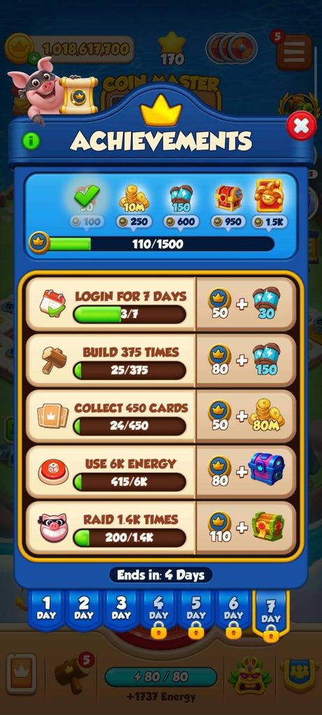 Achievements tab showing daily tasks and milestone rewards
