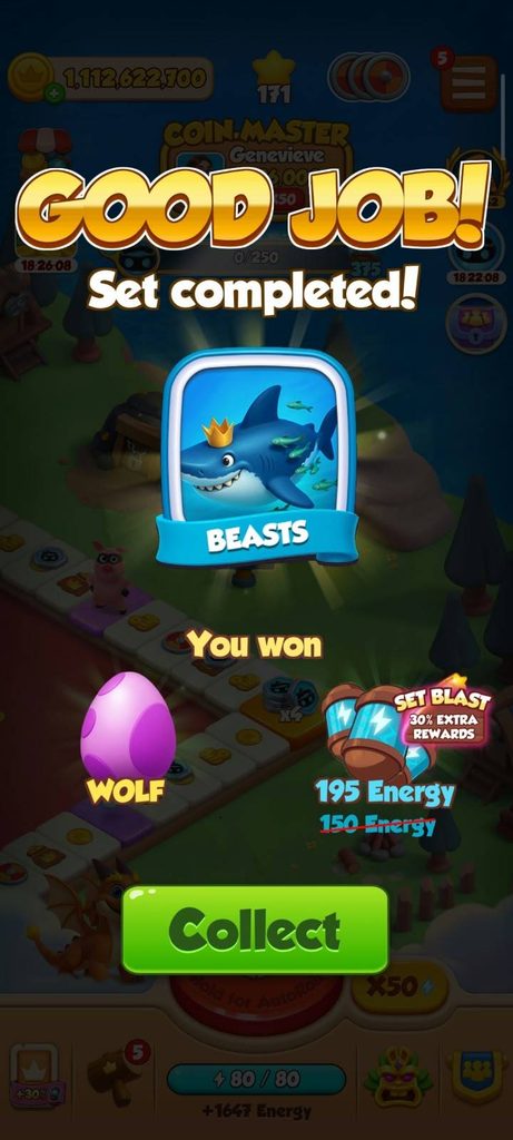Card set completion rewards showing energy and pet egg