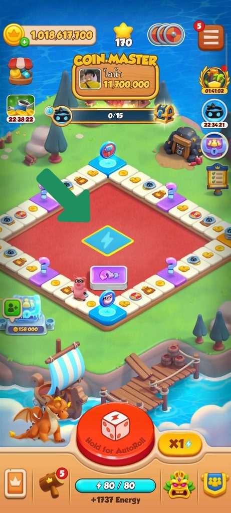 Coin Master Board Adventure Energy Zone highlighted in the center of the board with lightning bolt icon