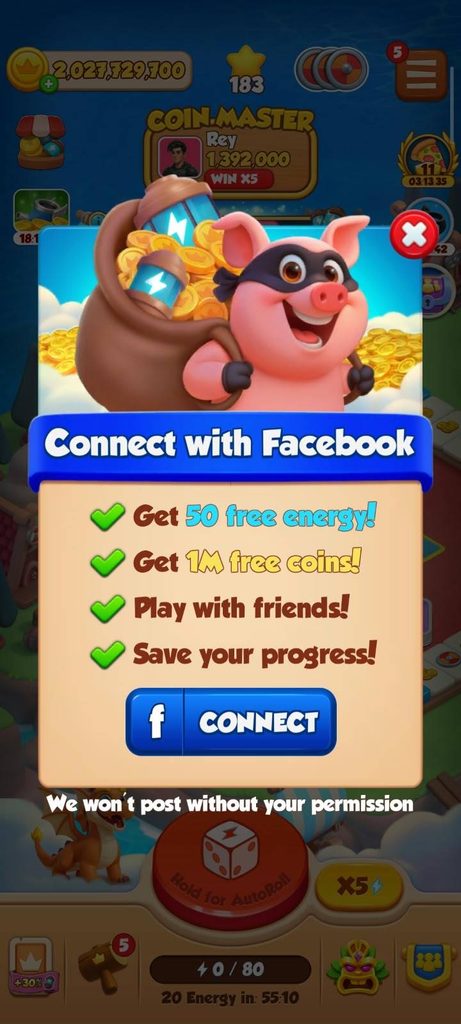 Connect with Facebook popup showing 50 free energy and 1M coins bonus