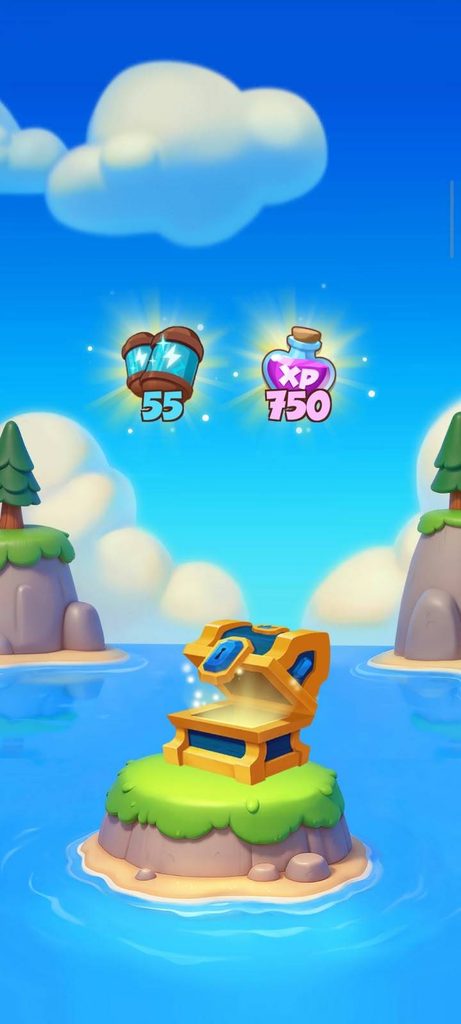 Village reward chest opened showing energy and XP rewards