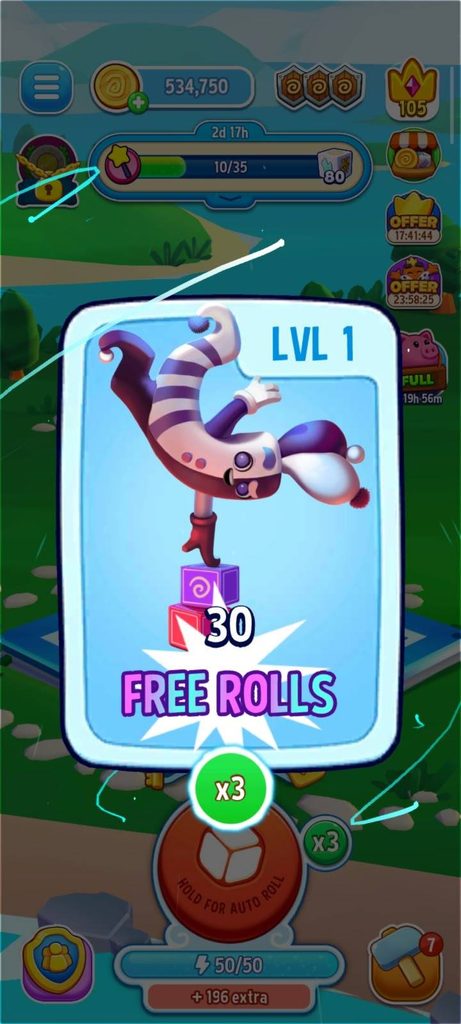 Dice Dreams reward screen after landing on the free face with an x3 multiplier, showing 30 free rolls earned