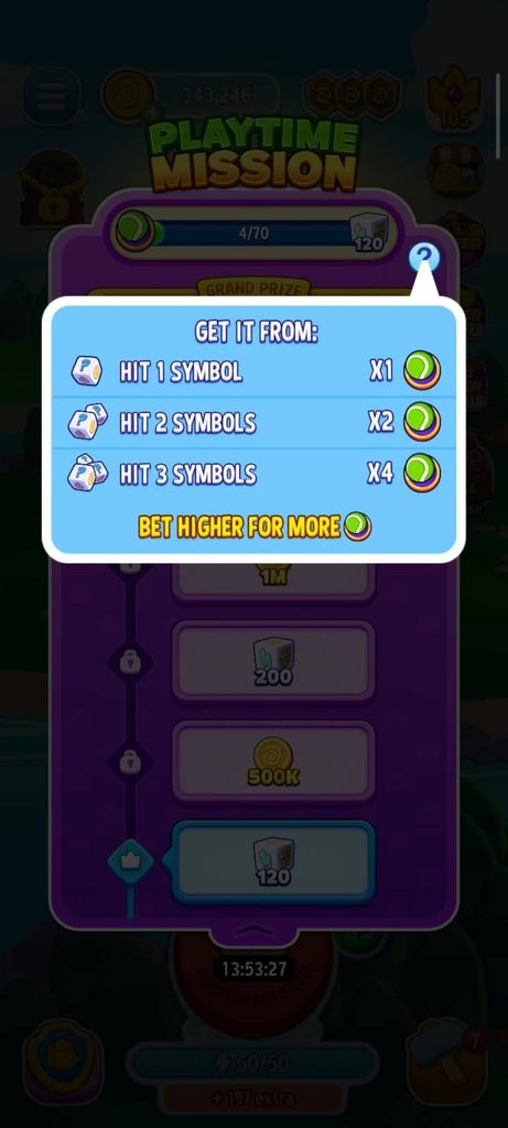 Dice Dreams event popup showing how many points you earn for hitting  symbols.