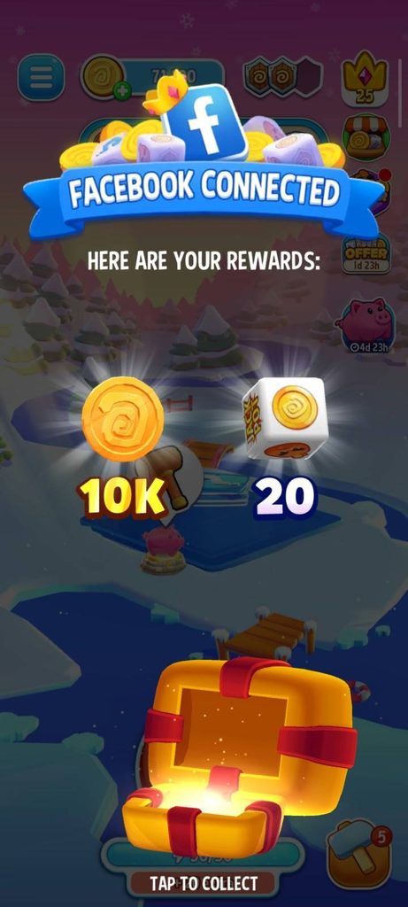 Dice Dreams Facebook Connected reward screen showing 10K coins and 20 free rolls