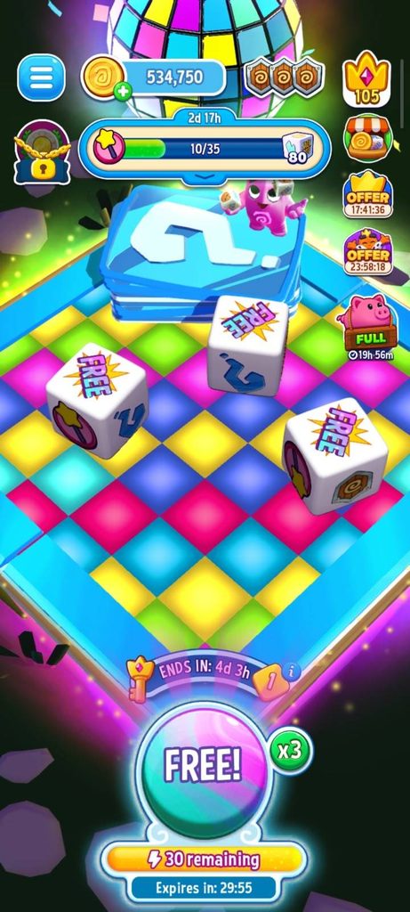 All three dice landed on the free face and triggered a free roll bonus in Dice Dreams