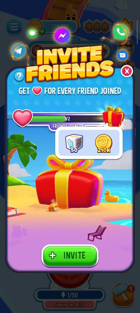 Dice Dreams Invite Friends screen showing free rolls and coin reward for getting friends to join