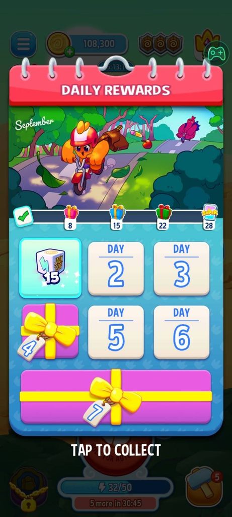 Dice Dreams Daily Rewards calendar showing a 15-roll jackpot reward on Day 1 with more prizes queued up through Day 7