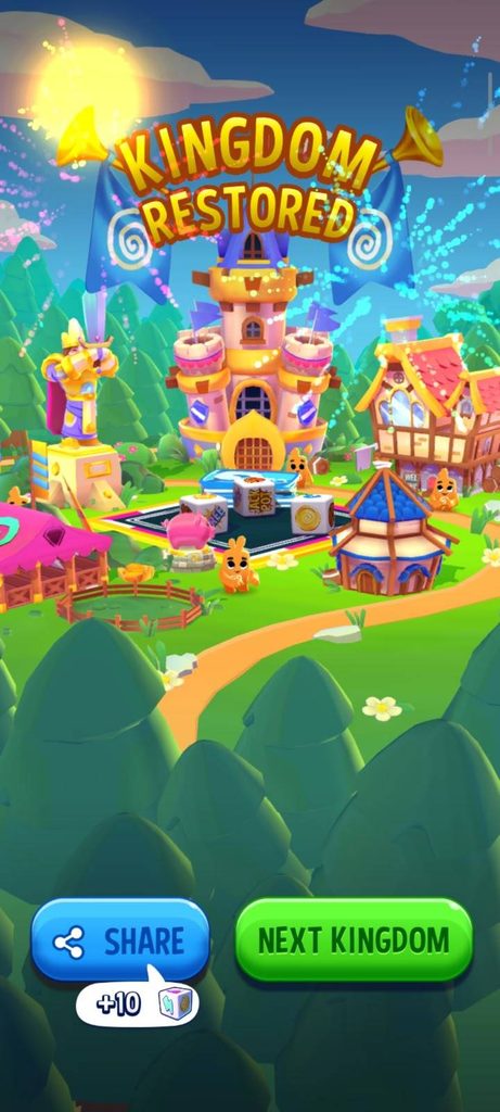 Dice Dreams Kingdom Restored screen with a Share button offering 10 free rolls for posting on social media