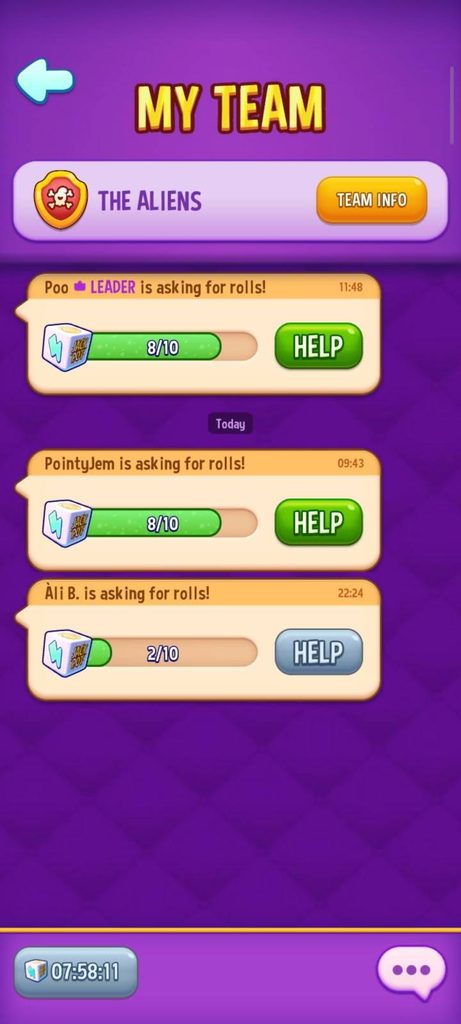 Dice Dreams team screen showing teammates requesting rolls with Help buttons to send them